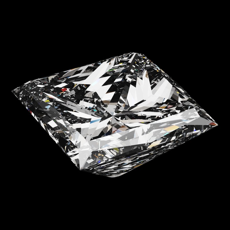 The Princess Cut in diamond, rendered at an angle in our 3D Gemstone Simulator under studio light