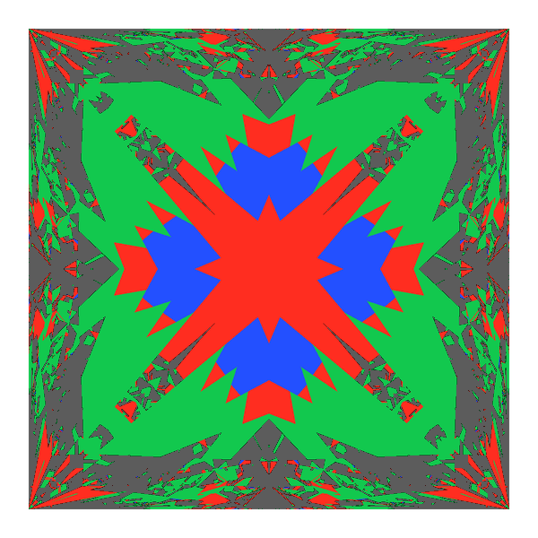 Princess cut in diamond face-up Light Return map: red, green and blue show where the light returns from, grey shows where it leaks (Brilliance 57)