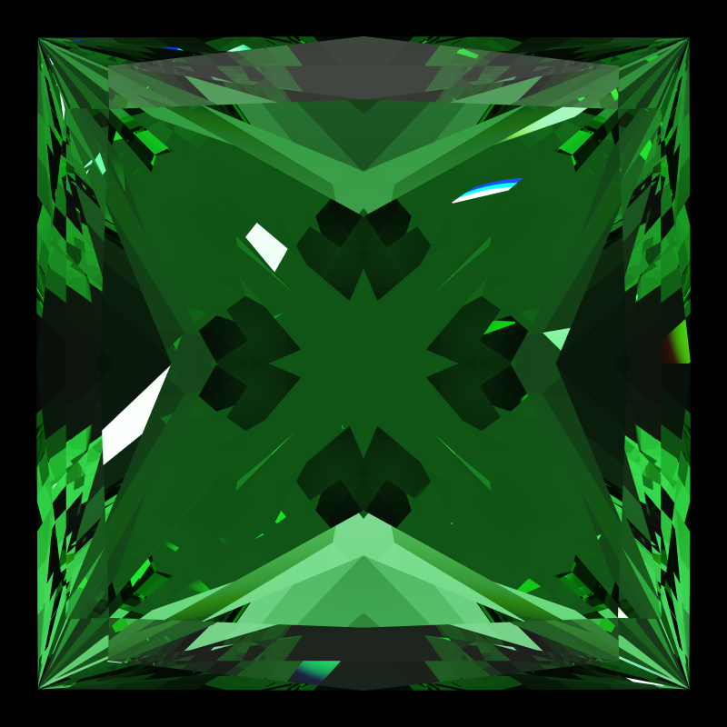 Princess cut in emerald face-up under a single bright light: a render from our simulator, its coloured flashes are the fire (score 32)