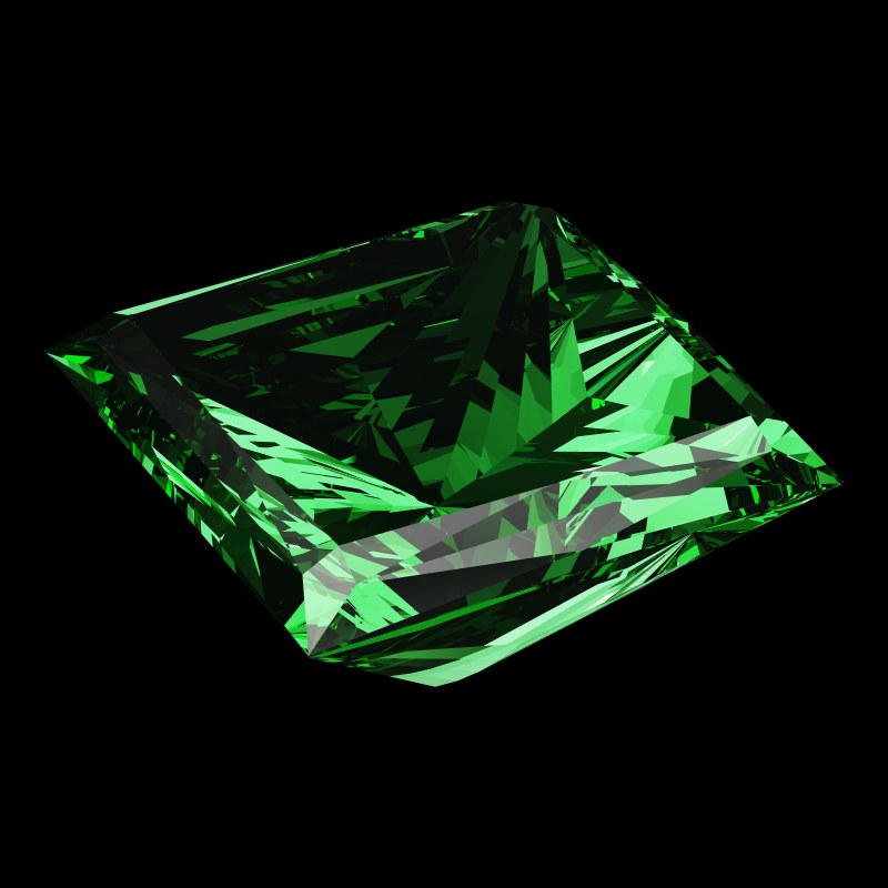 The Princess Cut in emerald, rendered at an angle in our 3D Gemstone Simulator under studio light