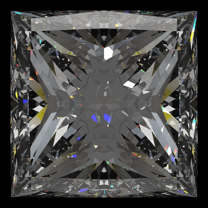 Princess cut in moissanite face-up under a single bright light: a render from our simulator, its coloured flashes are the fire (score 95)