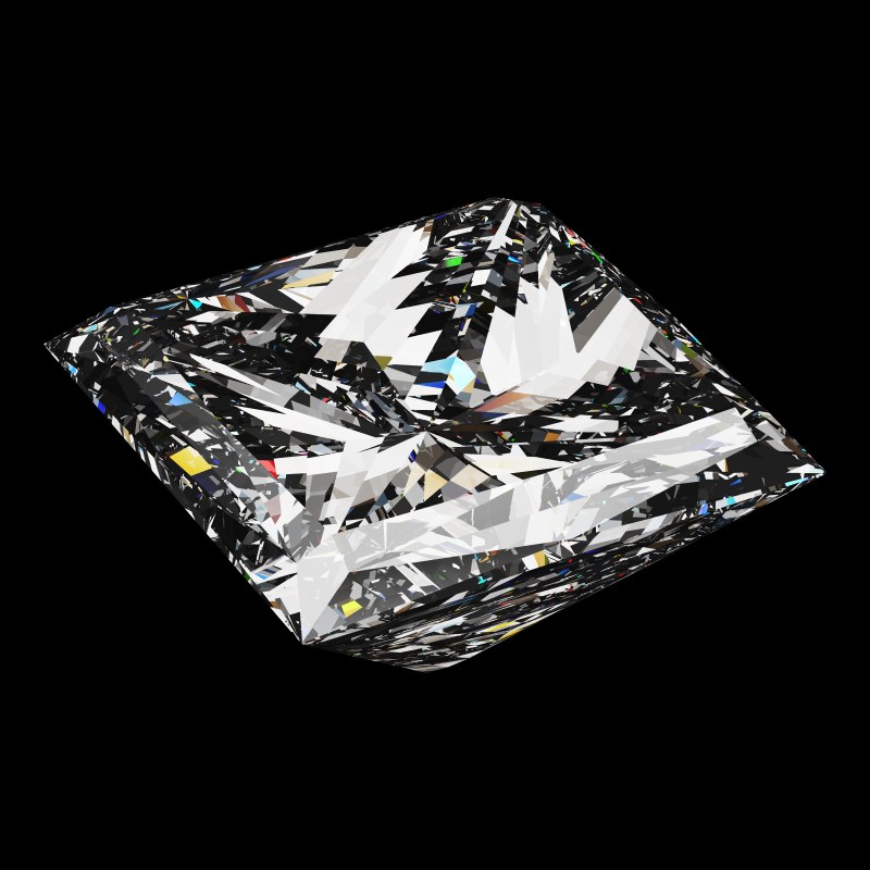 The Princess Cut in moissanite, rendered at an angle in our 3D Gemstone Simulator under studio light