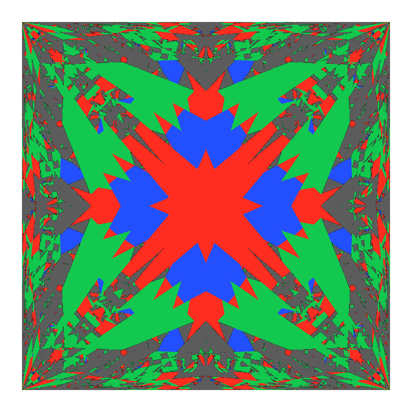 Princess cut in moissanite face-up Light Return map: red, green and blue show where the light returns from, grey shows where it leaks (Brilliance 51)