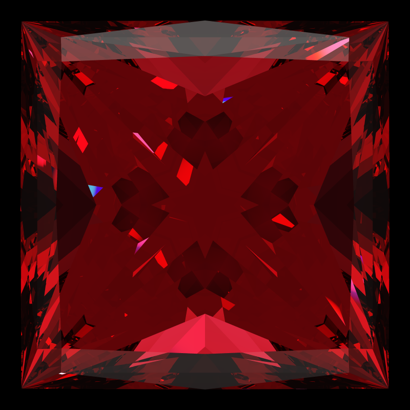 Princess cut in ruby face-up under a single bright light: a render from our simulator, its coloured flashes are the fire (score 52)