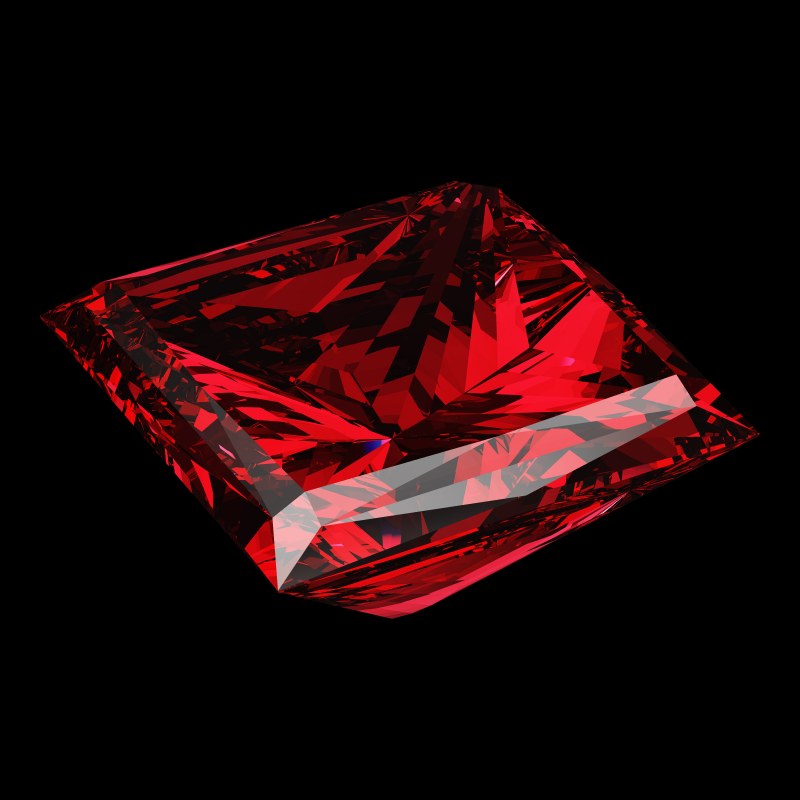 The Princess Cut in ruby, rendered at an angle in our 3D Gemstone Simulator under studio light
