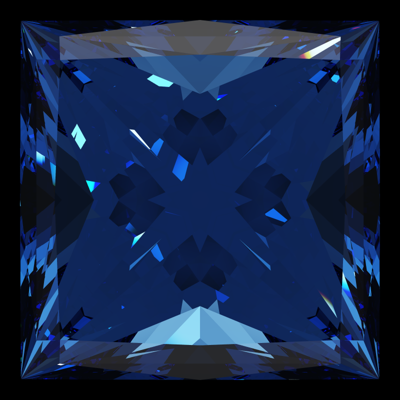 Princess cut in sapphire face-up under a single bright light: a render from our simulator, its coloured flashes are the fire (score 52)