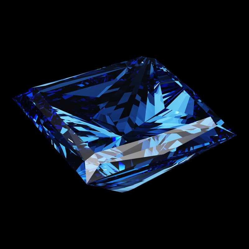The Princess Cut in sapphire, rendered at an angle in our 3D Gemstone Simulator under studio light