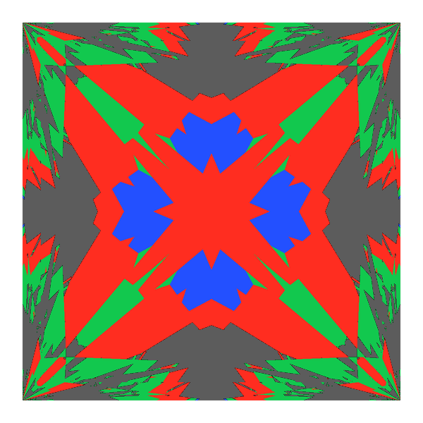 Princess cut in sapphire face-up Light Return map: red, green and blue show where the light returns from, grey shows where it leaks (Brilliance 68)