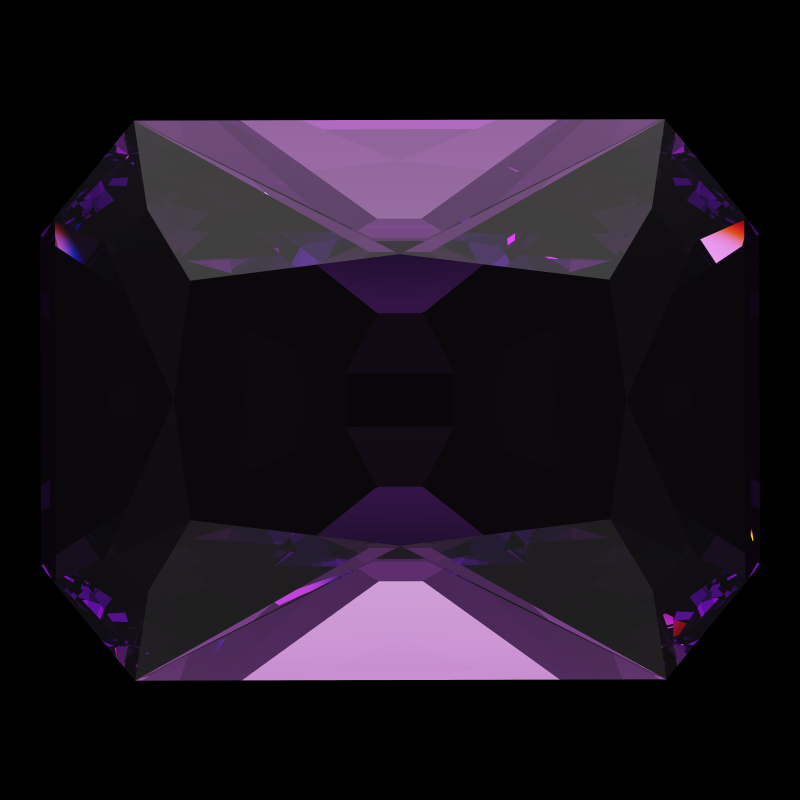 Radiant cut in amethyst face-up under a single bright light: a render from our simulator, its coloured flashes are the fire (score 41)