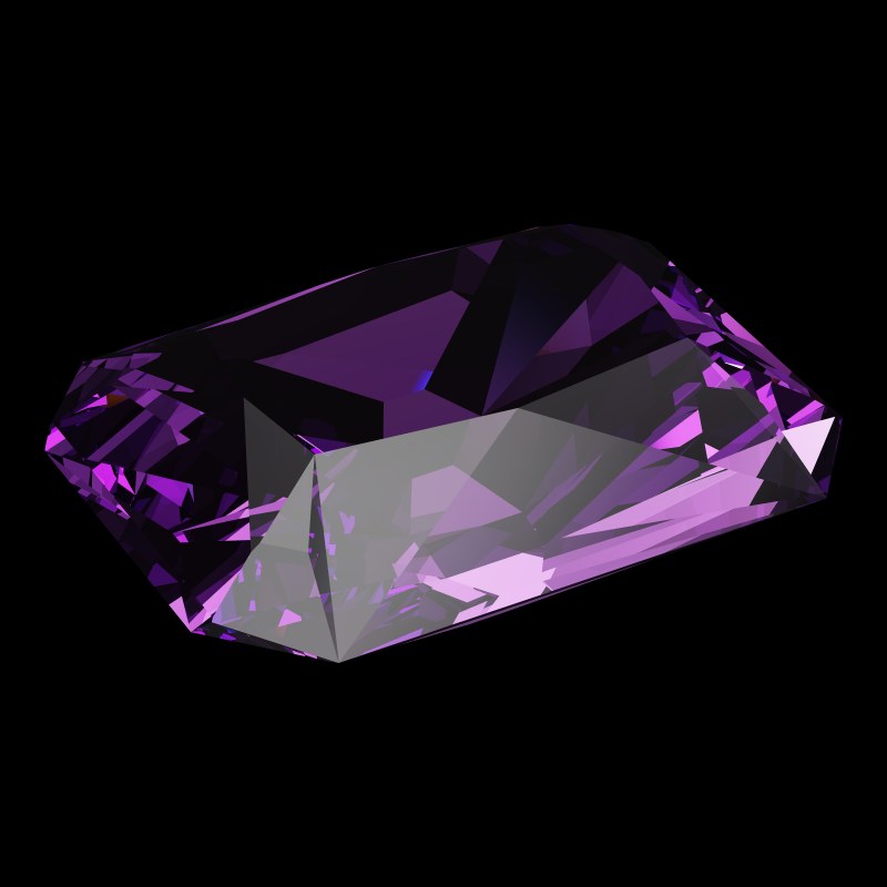 The Radiant Cut in amethyst, rendered at an angle in our 3D Gemstone Simulator under studio light