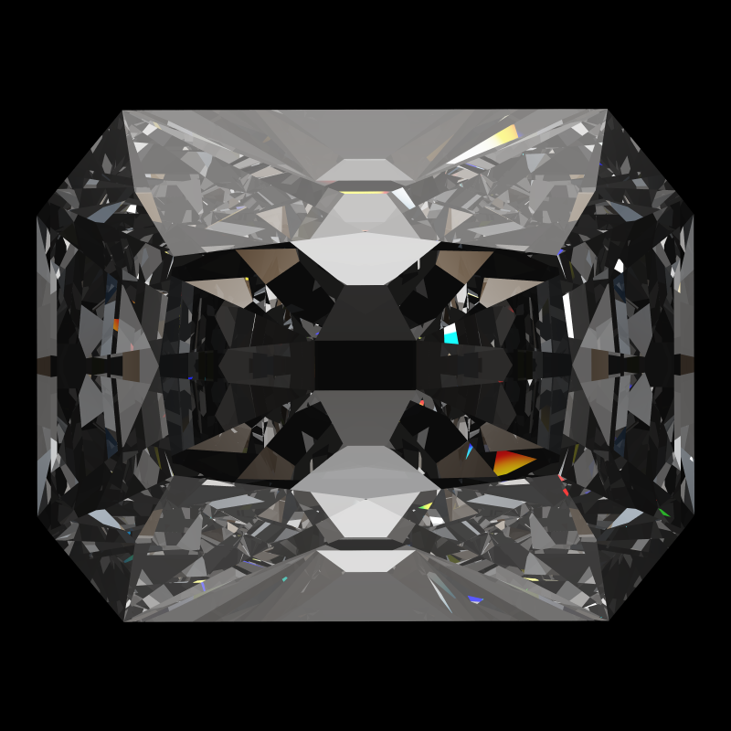 Radiant cut in cubic zirconia face-up under a single bright light: a render from our simulator, its coloured flashes are the fire (score 91)