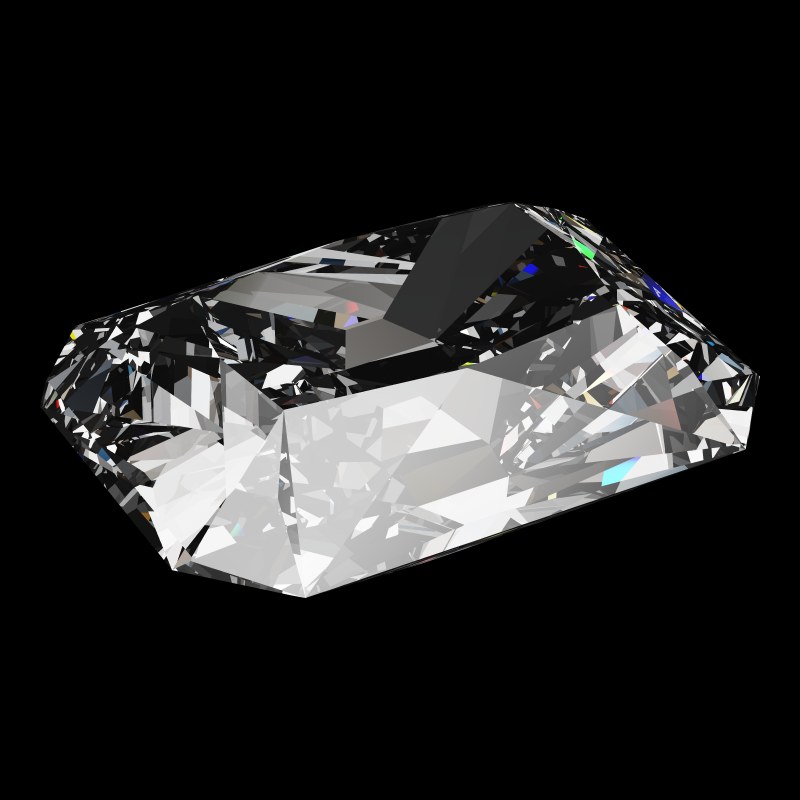 The Radiant Cut in cubic zirconia, rendered at an angle in our 3D Gemstone Simulator under studio light