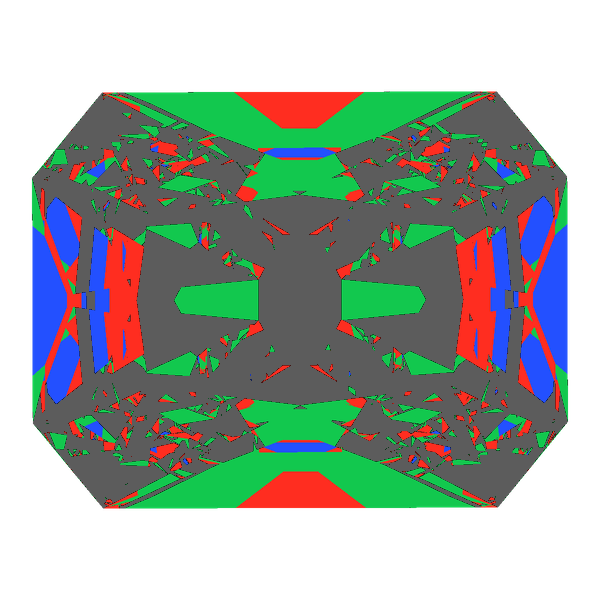 Radiant cut in cubic zirconia face-up Light Return map: red, green and blue show where the light returns from, grey shows where it leaks (Brilliance 33)