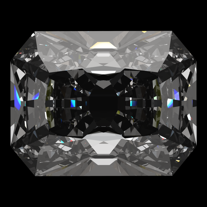 Radiant cut in diamond face-up under a single bright light: a render from our simulator, its coloured flashes are the fire (score 77)