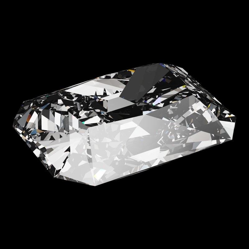The Radiant Cut in diamond, rendered at an angle in our 3D Gemstone Simulator under studio light
