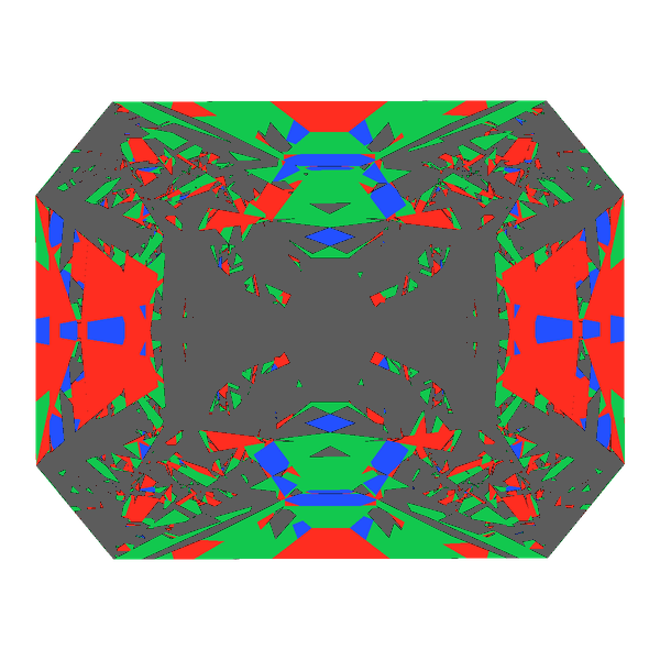 Radiant cut in diamond face-up Light Return map: red, green and blue show where the light returns from, grey shows where it leaks (Brilliance 32)