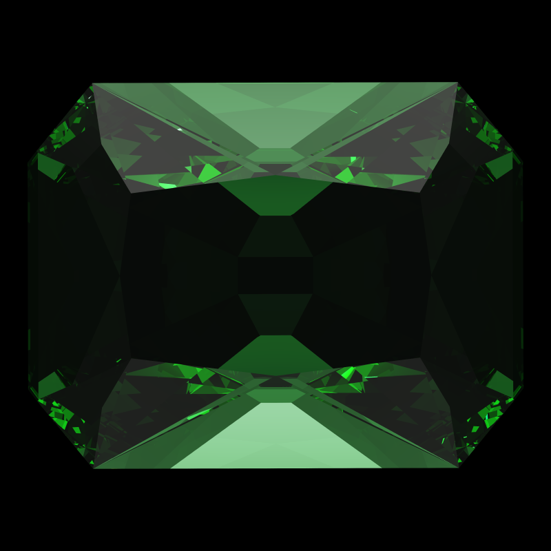 Radiant cut in emerald face-up under a single bright light: a render from our simulator, its coloured flashes are the fire (score 56)