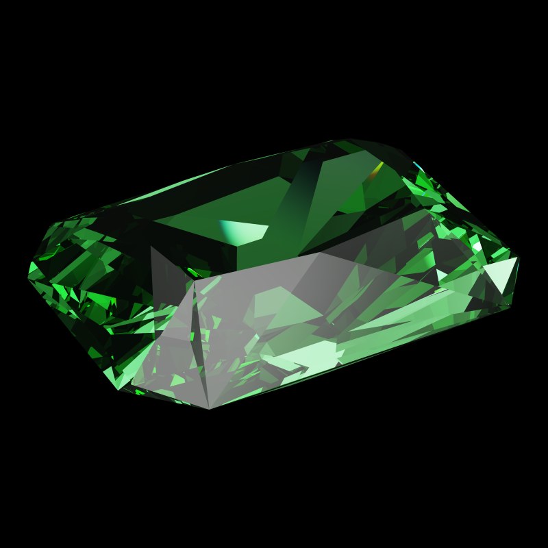 The Radiant Cut in emerald, rendered at an angle in our 3D Gemstone Simulator under studio light