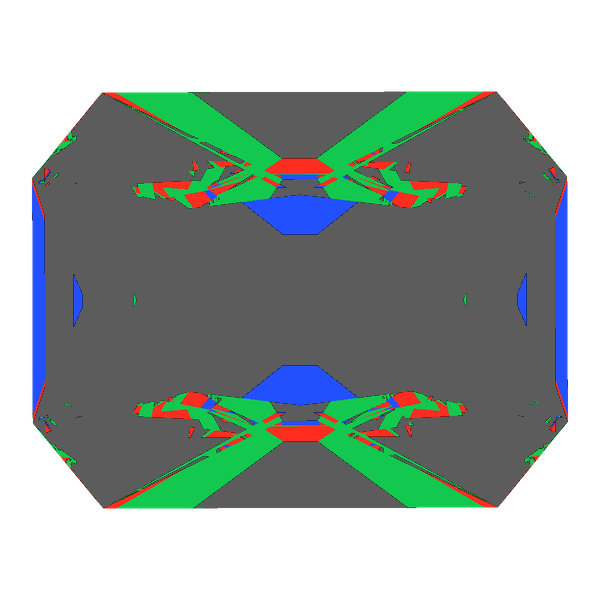 Radiant cut in emerald face-up Light Return map: red, green and blue show where the light returns from, grey shows where it leaks (Brilliance 22)