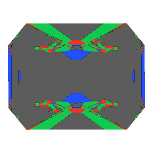 Radiant cut in emerald tilted 0 degrees: Light Return map, 75% of the face leaking
