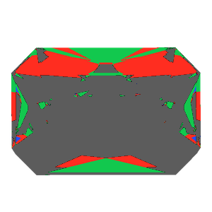 Radiant cut in emerald tilted 30 degrees: Light Return map, 69% of the face leaking