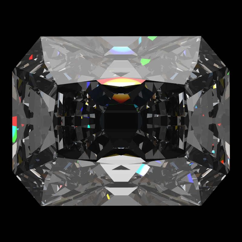 Radiant cut in moissanite face-up under a single bright light: a render from our simulator, its coloured flashes are the fire (score 92)