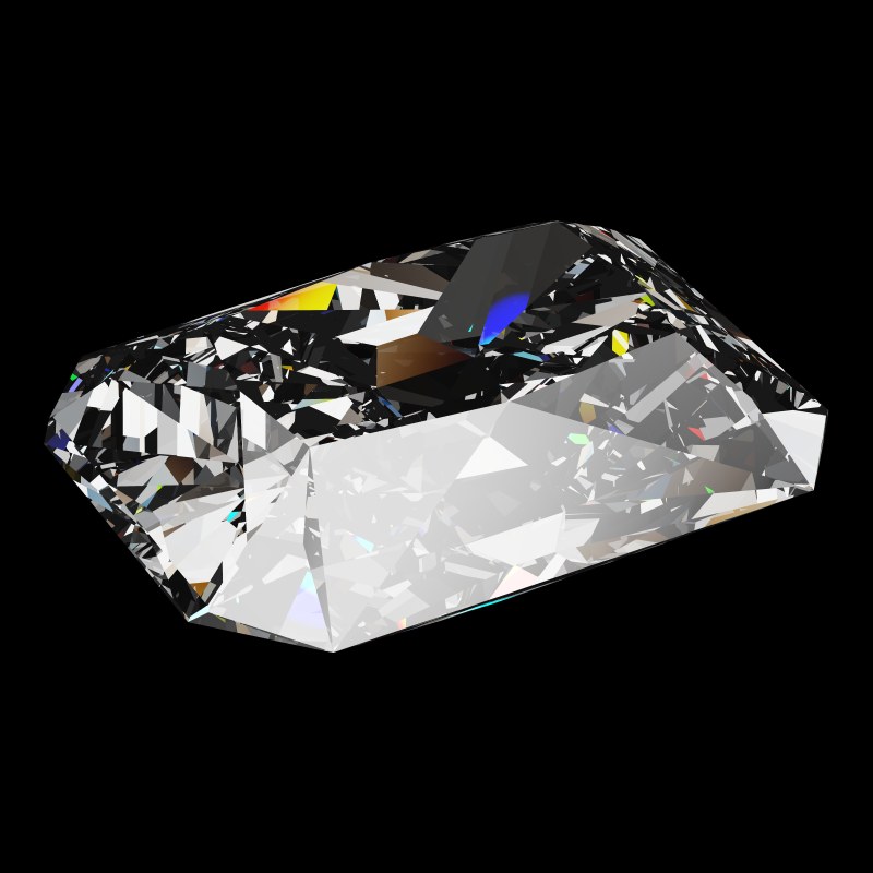 The Radiant Cut in moissanite, rendered at an angle in our 3D Gemstone Simulator under studio light