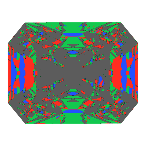 Radiant cut in moissanite face-up Light Return map: red, green and blue show where the light returns from, grey shows where it leaks (Brilliance 33)