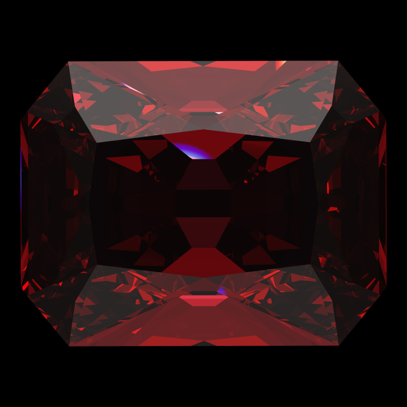 Radiant cut in ruby face-up under a single bright light: a render from our simulator, its coloured flashes are the fire (score 69)