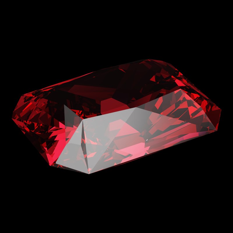 The Radiant Cut in ruby, rendered at an angle in our 3D Gemstone Simulator under studio light