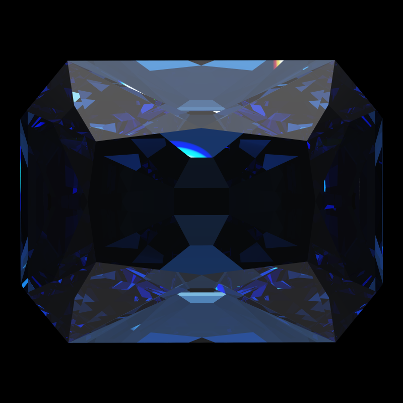 Radiant cut in sapphire face-up under a single bright light: a render from our simulator, its coloured flashes are the fire (score 69)