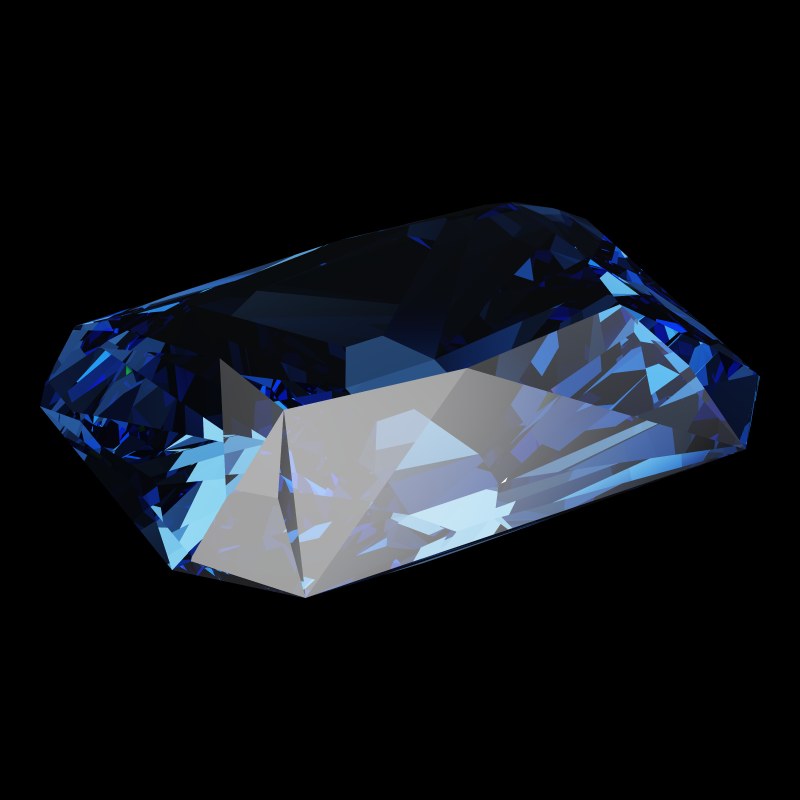 The Radiant Cut in sapphire, rendered at an angle in our 3D Gemstone Simulator under studio light