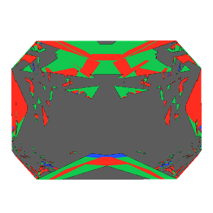 Radiant cut in sapphire tilted 20 degrees: Light Return map, 65% of the face leaking