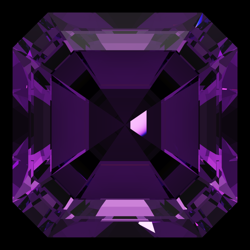 Radiant square cut in amethyst face-up under a single bright light: a render from our simulator, its coloured flashes are the fire (score 20)