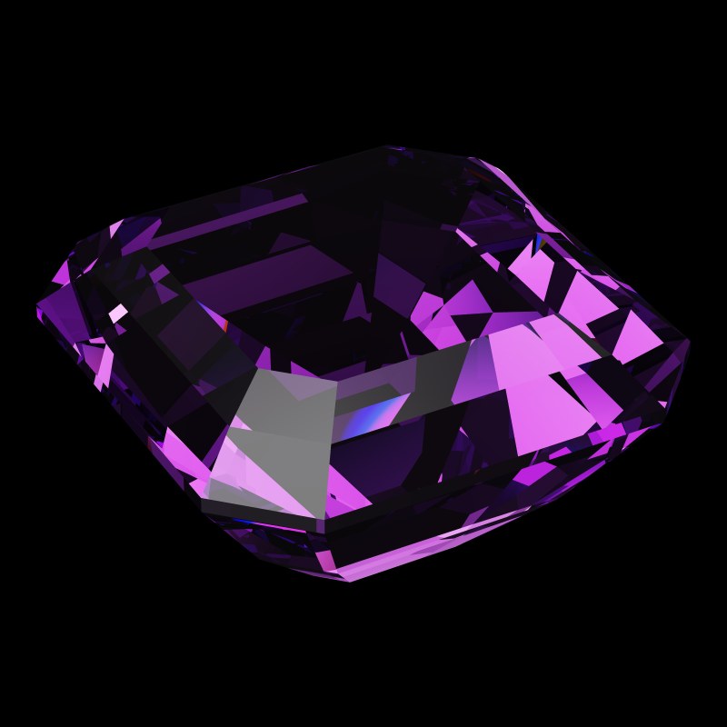 The Radiant Square Cut in amethyst, rendered at an angle in our 3D Gemstone Simulator under studio light