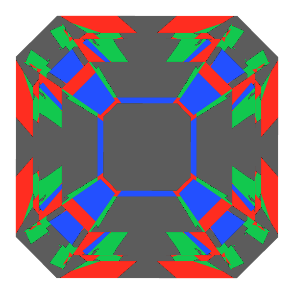 Radiant square cut in amethyst face-up Light Return map: red, green and blue show where the light returns from, grey shows where it leaks (Brilliance 51)