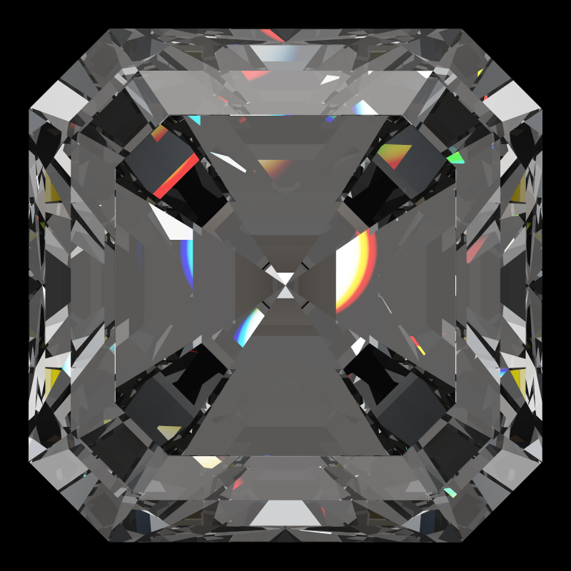 Radiant square cut in cubic zirconia face-up under a single bright light: a render from our simulator, its coloured flashes are the fire (score 81)