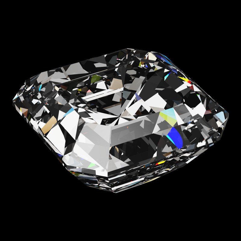 The Radiant Square Cut in cubic zirconia, rendered at an angle in our 3D Gemstone Simulator under studio light