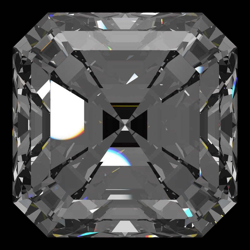 Radiant square cut in diamond face-up under a single bright light: a render from our simulator, its coloured flashes are the fire (score 62)