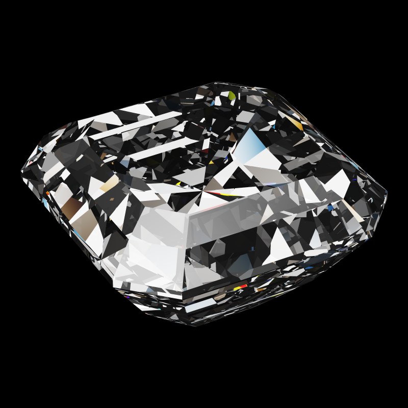 The Radiant Square Cut in diamond, rendered at an angle in our 3D Gemstone Simulator under studio light