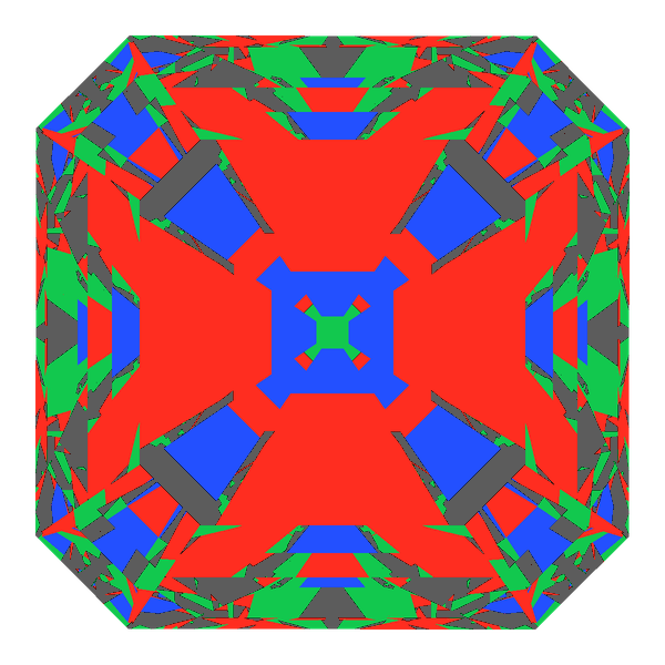Radiant square cut in diamond face-up Light Return map: red, green and blue show where the light returns from, grey shows where it leaks (Brilliance 72)