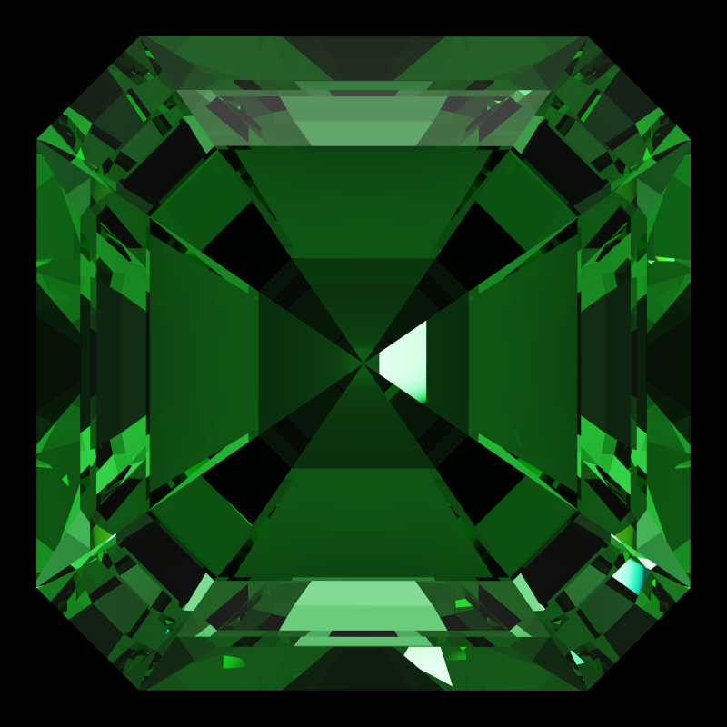 Radiant square cut in emerald face-up under a single bright light: a render from our simulator, its coloured flashes are the fire (score 20)