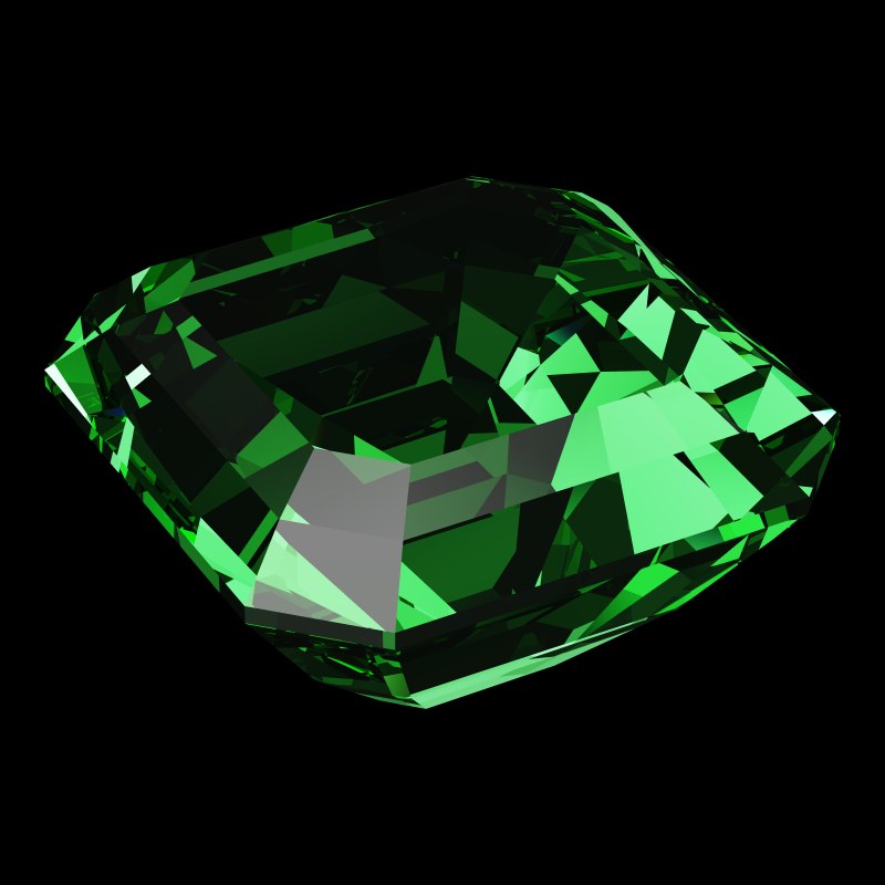 The Radiant Square Cut in emerald, rendered at an angle in our 3D Gemstone Simulator under studio light