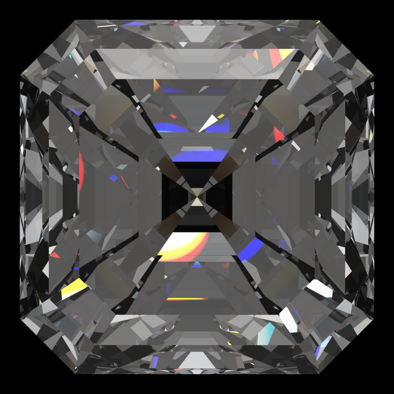 Radiant square cut in moissanite face-up under a single bright light: a render from our simulator, its coloured flashes are the fire (score 93)