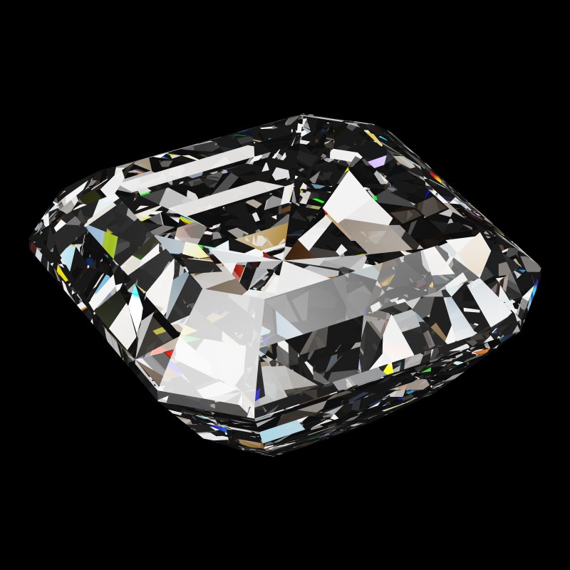 The Radiant Square Cut in moissanite, rendered at an angle in our 3D Gemstone Simulator under studio light