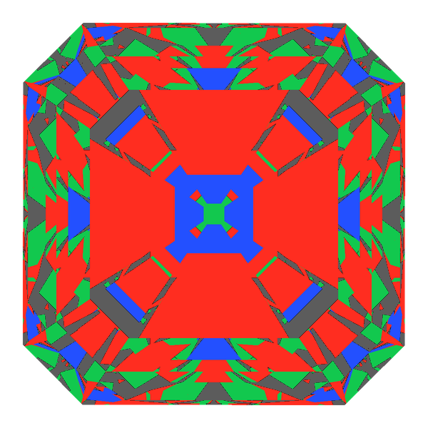 Radiant square cut in moissanite face-up Light Return map: red, green and blue show where the light returns from, grey shows where it leaks (Brilliance 71)