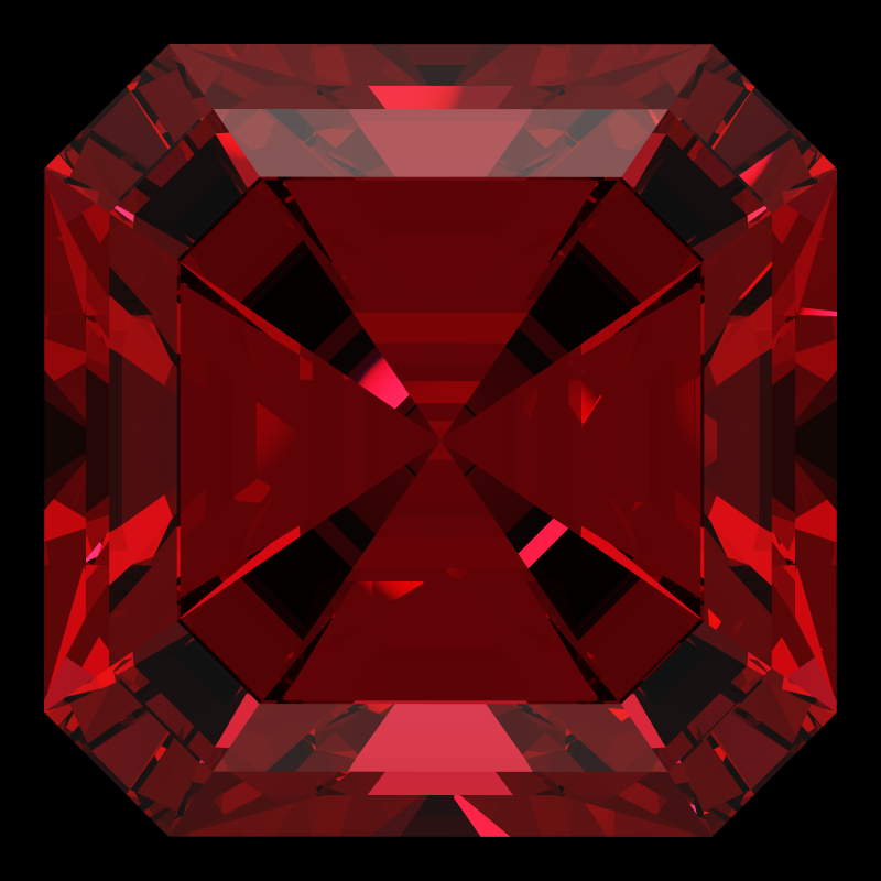 Radiant square cut in ruby face-up under a single bright light: a render from our simulator, its coloured flashes are the fire (score 25)