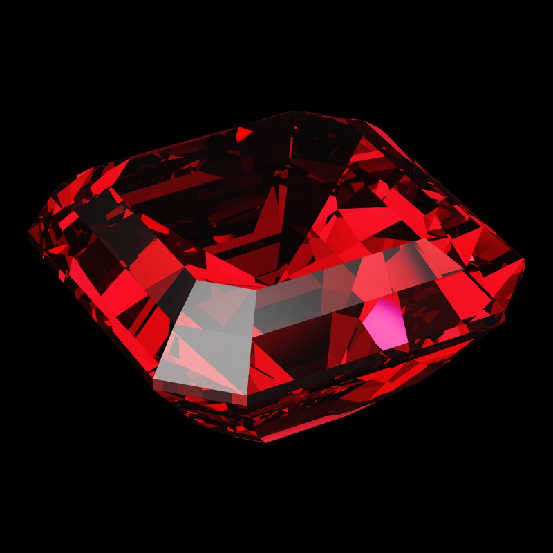 The Radiant Square Cut in ruby, rendered at an angle in our 3D Gemstone Simulator under studio light