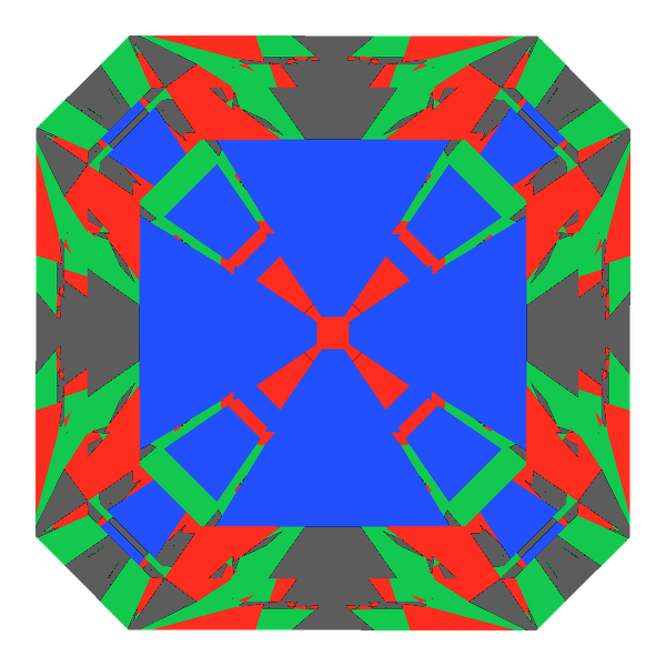 Radiant square cut in ruby face-up Light Return map: red, green and blue show where the light returns from, grey shows where it leaks (Brilliance 76)