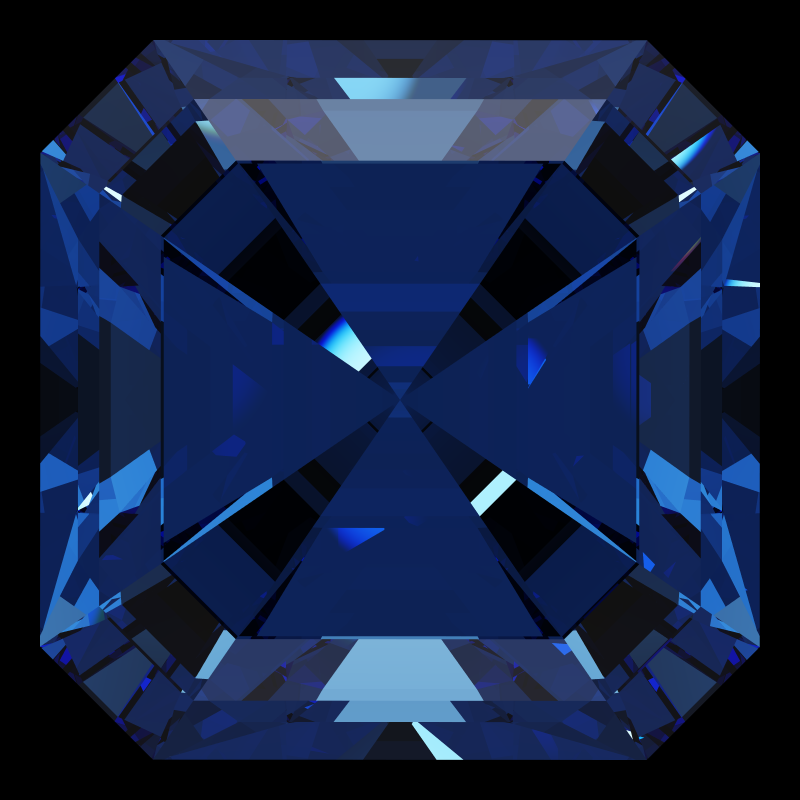 Radiant square cut in sapphire face-up under a single bright light: a render from our simulator, its coloured flashes are the fire (score 25)